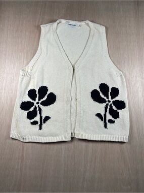 Thinking Mu Cream Knit Vest with Black Floral Motif